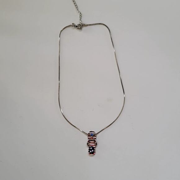 Patriotic Flip Flop Pendant Necklace Red White Blue Rhinestones On Silver Chain - Picture 1 of 10